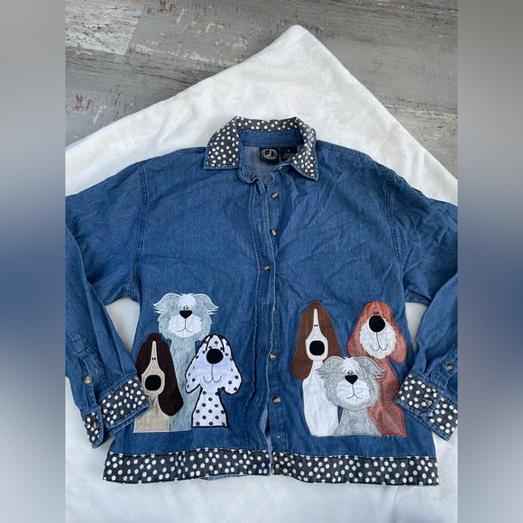 lighthouse apparel Tops - Vintage light Denim Shacket with Dogs and Polka Dots